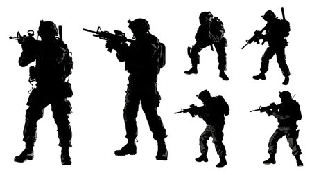 Set of Six Modern Infantry Soldier Silhouettes in Combat Stances isolated on plain white background.のイラスト素材