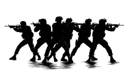 Tactical Soldier Silhouettes Reloading Weapons in Combat isolated on plain white background.のイラスト素材