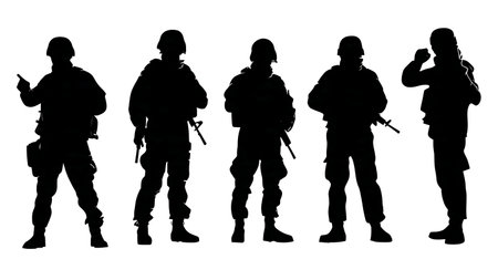 Alert Soldier Silhouettes on Guard Duty at a Checkpoint isolated on plain white background.のイラスト素材