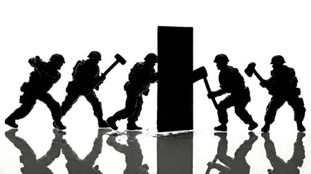 Soldier Silhouettes Using Breaching Tools like Rams and Sledgehammers isolated on plain white...