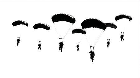 Airborne Paratrooper Soldier Silhouettes with Parachutes isolated on plain white background.のイラスト素材