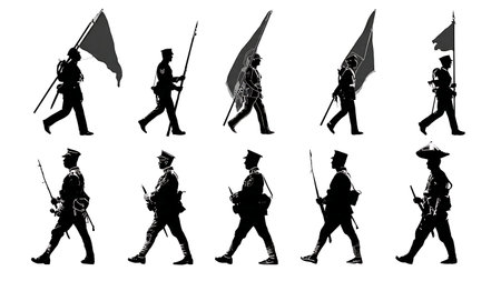 Marching Soldiers in Parade Formation with Flags Silhouette Collection isolated on plain white background.のイラスト素材