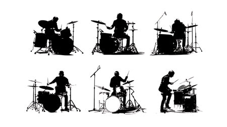 Peak Action and Motion Drummers Silhouette Poses isolated on plain white background.のイラスト素材