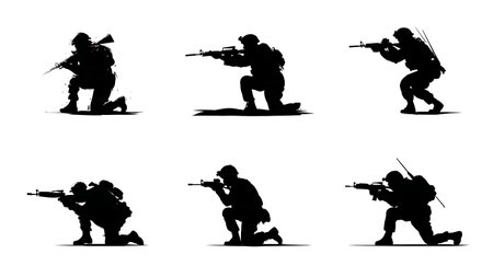 Dynamic Firefight Silhouettes of Soldiers Taking Cover isolated on plain white background.のイラスト素材