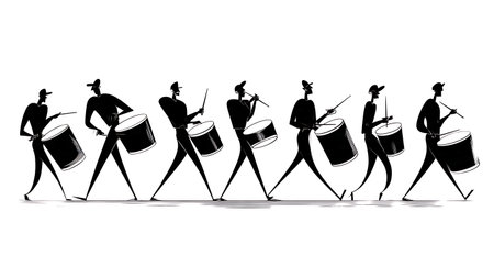 Side Profile View of Drummers Playing Silhouette Set isolated on plain white background.のイラスト素材