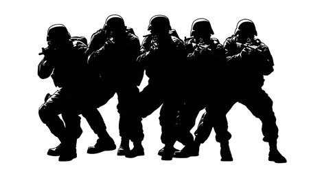 Humanitarian Soldier Silhouette Helping a Child in a War Zone isolated on plain white background.のイラスト素材