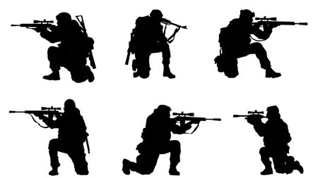 Sniper and Spotter Soldier Silhouettes Providing Overwatch isolated on plain white background.のイラスト素材