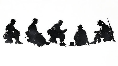 Silhouettes of Resting Soldiers in Non-Combat Situations isolated on plain white background.のイラスト素材