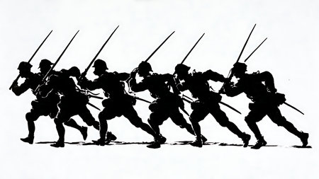 Soldier Silhouettes in Bayonet Charge and Combat Poses isolated on plain white background.のイラスト素材