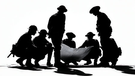 Soldier Silhouettes Planning a Mission with a Map isolated on plain white background.
