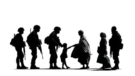 Peacekeeping Soldier and Civilian Interaction Silhouette Set isolated on plain white background.のイラスト素材