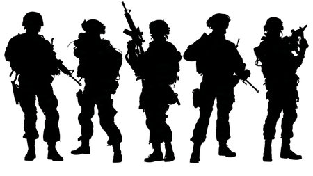 Set of Six Standing Soldier Silhouettes in Firing Positions isolated on plain white background.のイラスト素材