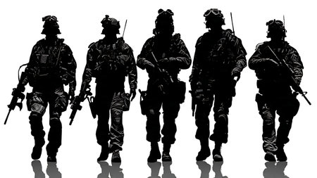 Six Special Forces Operator Silhouettes with Tactical Gear isolated on plain white background.のイラスト素材