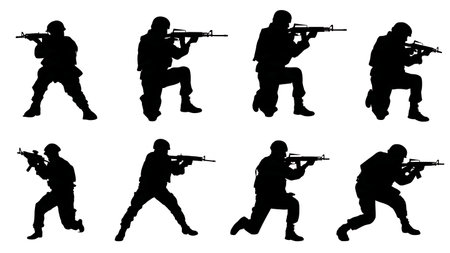 Tactical Soldier Silhouettes Reloading Weapons in Combat isolated on plain white background.のイラスト素材