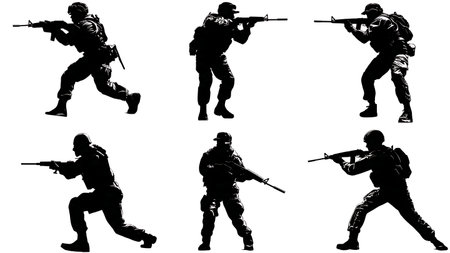 Soldier Silhouettes with Tactical Shotguns for CQC isolated on plain white background.のイラスト素材