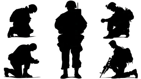 Military Chaplain Comforting a Soldier Silhouette Collection isolated on plain white background.のイラスト素材