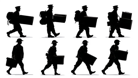 Silhouettes of Soldiers Carrying Ammo Boxes and Logistics Supplies isolated on plain white background.のイラスト素材