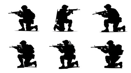 Collection of Six Crouching Soldier Firing Position Silhouettes isolated on plain white background.のイラスト素材