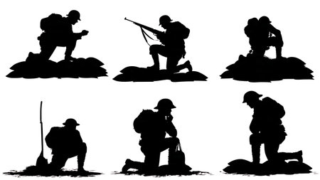 Soldiers Establishing a Defensive Perimeter Silhouette Set isolated on plain white background.のイラスト素材