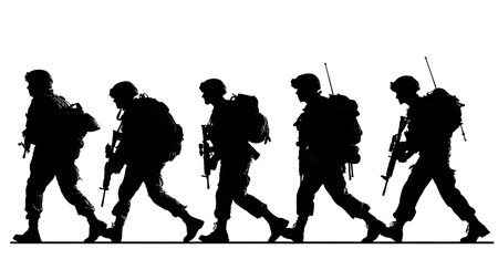 Soldiers Conducting a House-to-House Search Silhouette Set isolated on plain white background.のイラスト素材