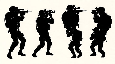 Stealth Soldier Silhouettes Using Night Vision Goggles isolated on plain white background.のイラスト素材