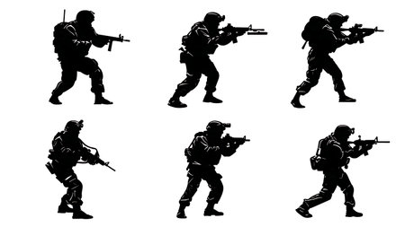 Set of Six Modern Infantry Soldier Silhouettes in Combat Stances isolated on plain white background.のイラスト素材