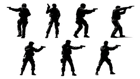 Soldier Silhouettes in Tactical Stances Firing a Pistol isolated on plain white background.のイラスト素材