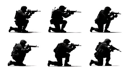 Collection of Six Crouching Soldier Firing Position Silhouettes isolated on plain white background.のイラスト素材