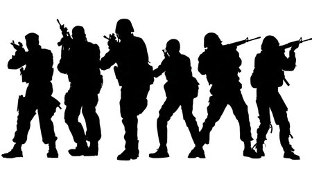 Tactical Soldier Silhouettes Reloading Weapons in Combat isolated on plain white background.のイラスト素材