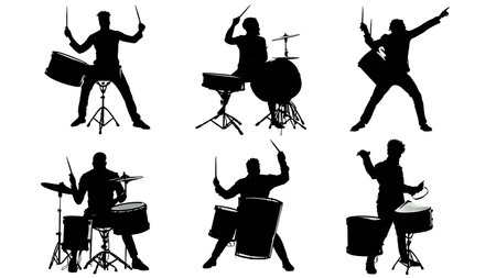 Intense Drum Solo Performance Black Silhouette Pack isolated on plain white background.のイラスト素材