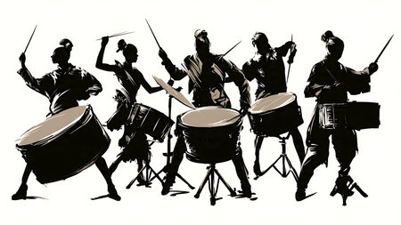 Dramatic Theatrical Stage Performance Drummer Silhouettes isolated on plain white background.のイラスト素材