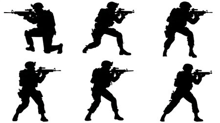 Soldier with Laser Designator Marking Targets Silhouette Set isolated on plain white background.のイラスト素材