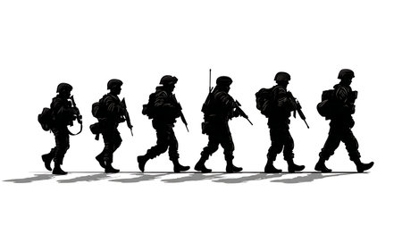 Single File Soldier Patrol Formation Silhouettes on White Background isolated on plain white background.のイラスト素材