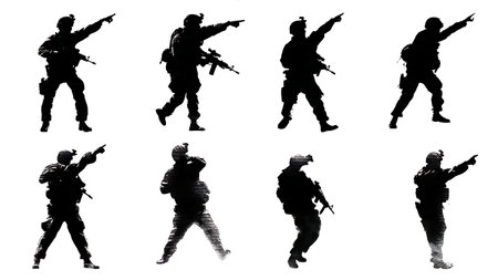Soldier Silhouettes Using Tactical Hand Signals for Communication isolated on plain white background.のイラスト素材