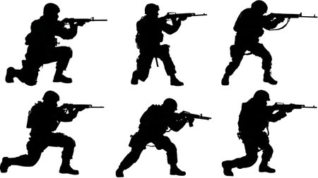 Soldier Silhouettes with Tactical Shotguns for CQC isolated on plain white background.のイラスト素材