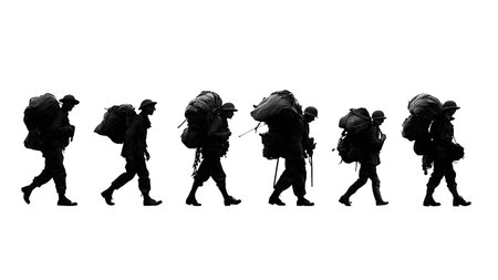 Silhouettes of Soldiers on a Ruck March with Heavy Packs isolated on plain white background.のイラスト素材
