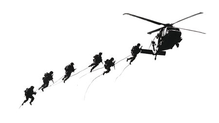 Special Operations Soldier Silhouettes Fast-Roping from Helicopter isolated on plain white background.のイラスト素材