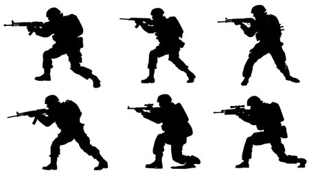 Soldier Silhouettes with Tactical Shotguns for CQC isolated on plain white background.のイラスト素材