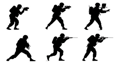 Soldier with Laser Designator Marking Targets Silhouette Set isolated on plain white background.のイラスト素材