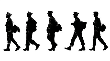 Soldier Transitioning from Uniform to Civilian Life Silhouette Set isolated on plain white background.のイラスト素材