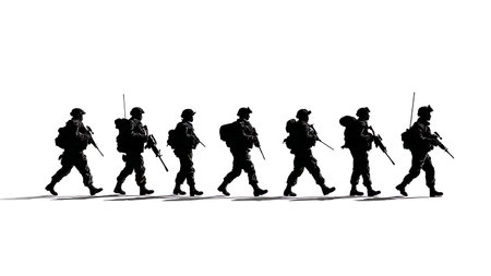 Single File Soldier Patrol Formation Silhouettes on White Background isolated on plain white background.のイラスト素材