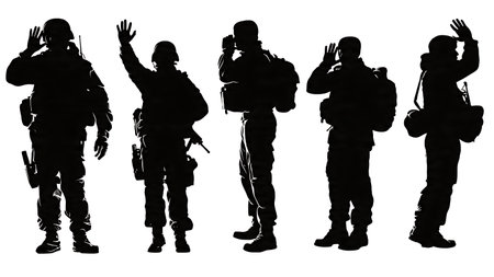 Tactical Communication Soldier Silhouettes Using Radio and Hand Signals isolated on plain white background.のイラスト素材