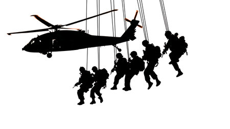 Special Operations Soldiers Rappelling Silhouettes Vector Collection isolated on plain white background.のイラスト素材