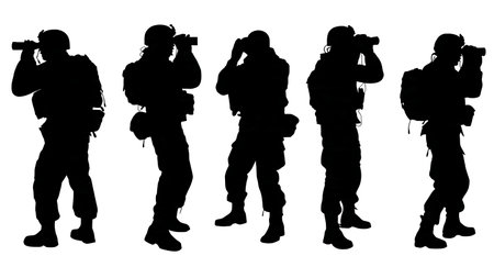 Stealth Soldier Silhouettes Using Night Vision Goggles isolated on plain white background.のイラスト素材