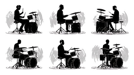 Conceptual Drummers with Emanating Sound Waves Silhouettes isolated on plain white background.のイラスト素材