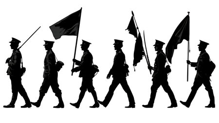 Marching Soldiers in Parade Formation with Flags Silhouette Collection isolated on plain white background.のイラスト素材