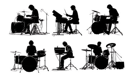 Focused Studio Session Drummer Black Silhouette Collection isolated on plain white background.のイラスト素材