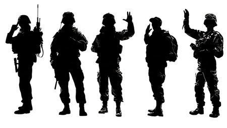 Tactical Communication Soldier Silhouettes Using Radio and Hand Signals isolated on plain white background.のイラスト素材