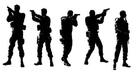 Soldier Silhouettes in Tactical Stances Firing a Pistol isolated on plain white background.のイラスト素材