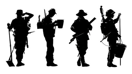 Soldier Silhouettes Performing Weapon and Gear Maintenance isolated on plain white background.のイラスト素材